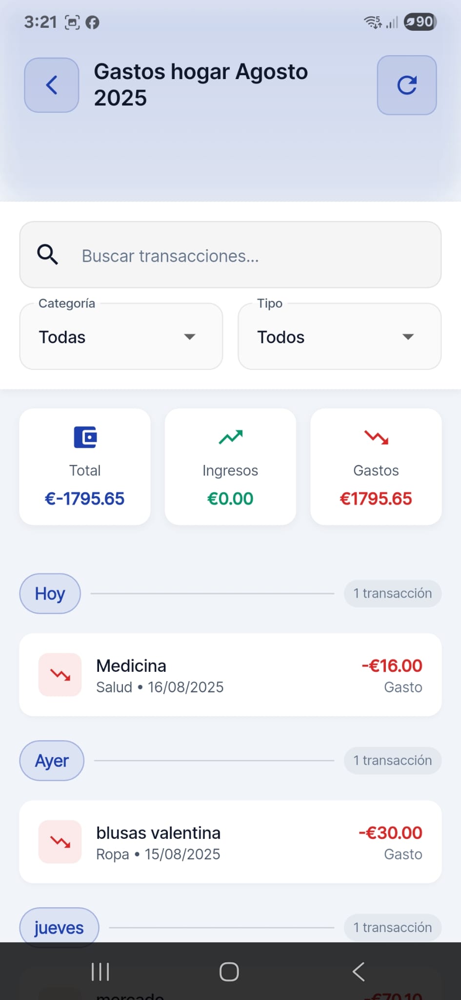 Lista de transacciones