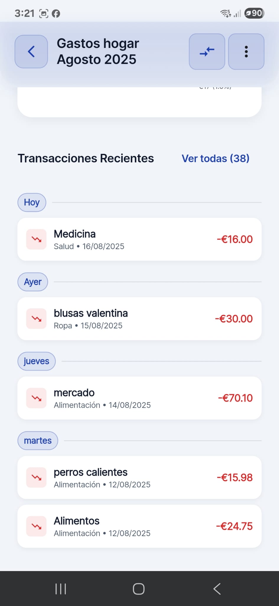 Vista de transacciones